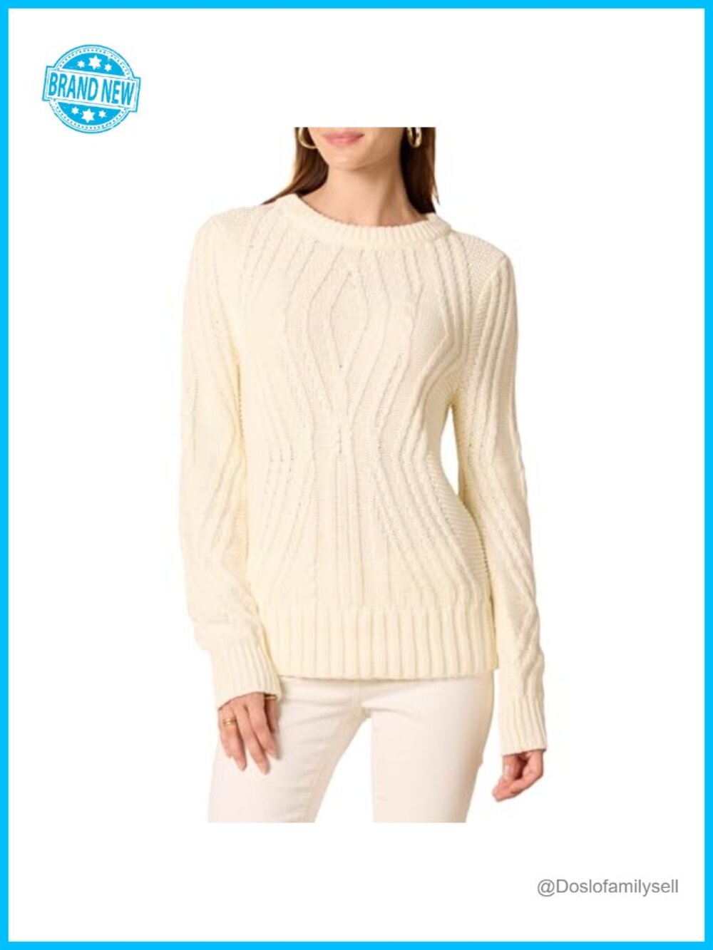Women's 100% Cotton Cable Knit Crewneck Long Sleeve Sweater